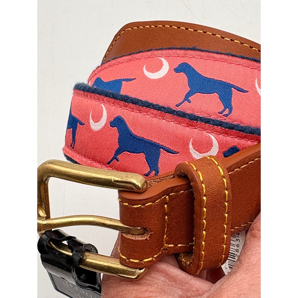Simply Southern Belt Men Size 34 Pink Lab Dog Moon Leather Trim Excellent Preppy